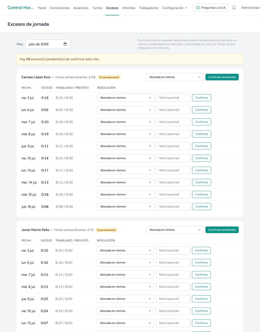 Clasificación legal de horas